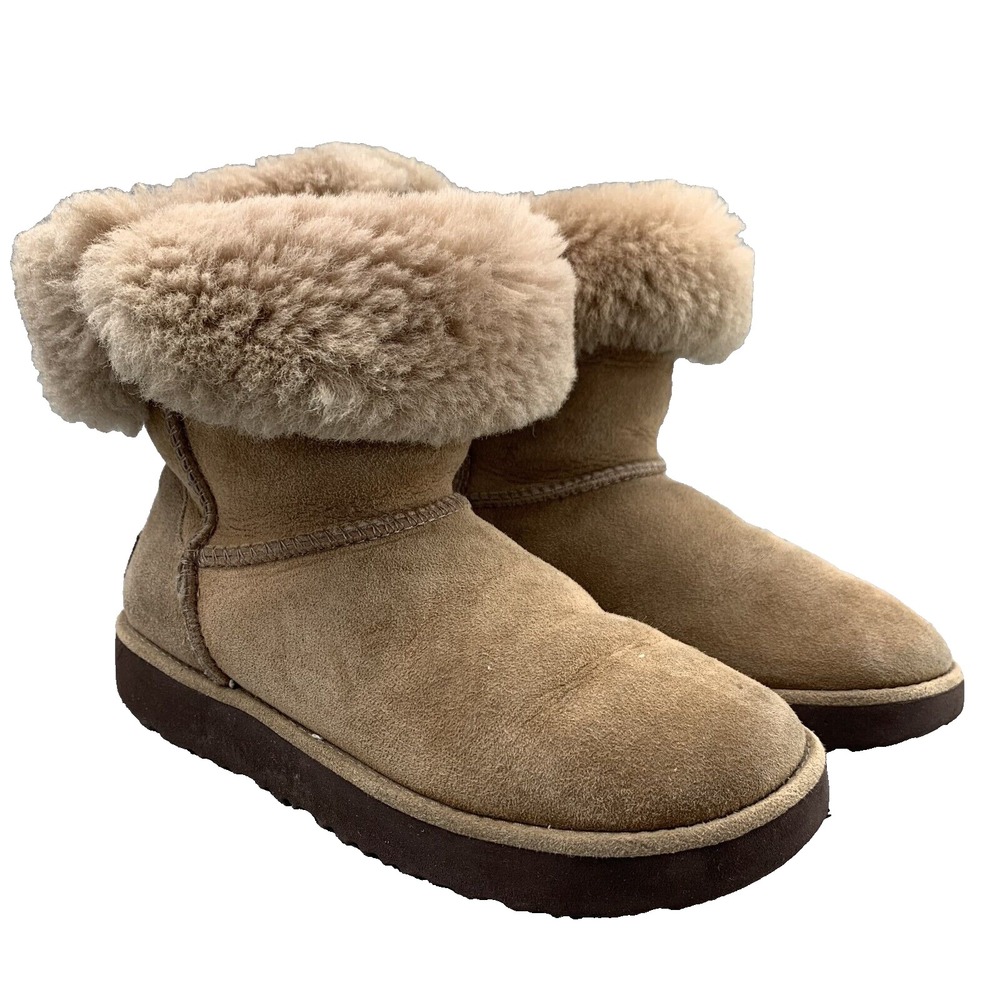 Ugg Ankle Boots Women's 5‎ Beige Suede Leather Shearling Lined Cabin Winter Chic
